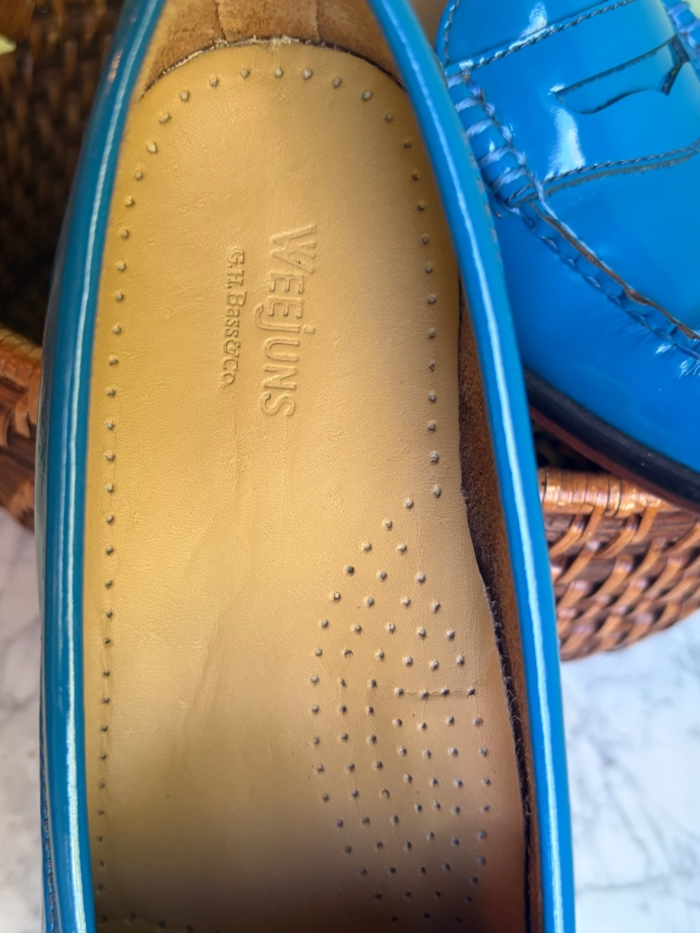 Cerulean Blue Patent Leather Bass Weejuns Penny Loafers, Size 8M - Picture 8 of 10